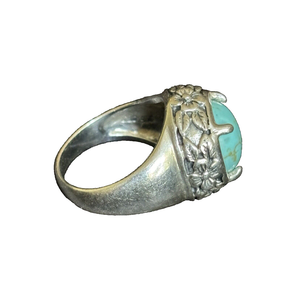 Sterling & Turquoise Ring Statement Size 6.5 Floral Decor Round Cabochon By CFJ